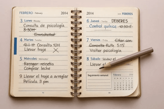 Agenda de papel de un psicólogo en desorden